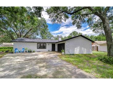 Charming single-story home featuring a freshly painted exterior, black trim, and a spacious driveway at 4911 Country Aire Ln, Tampa, FL 33624