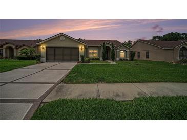Charming single-story home with well-maintained lawn, a two-car garage, and lovely landscaping at 13819 Stoneridge Dr, Hudson, FL 34669