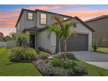 Charming two-story home with a well-manicured lawn and tropical landscaping with the sunset in the background at 6398 Bar S Bar Trl, Zephyrhills, FL 33541