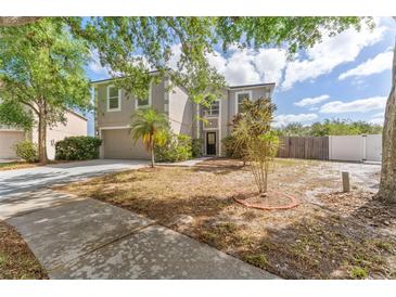 Two-story home with a neutral color scheme and a palm tree in the front yard at 10930 Banyan Wood Way, Riverview, FL 33579