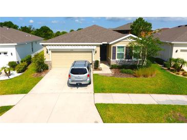 Charming single-story home with a well-maintained lawn and a two-car garage at 13327 Waterleaf Garden Cir, Riverview, FL 33579