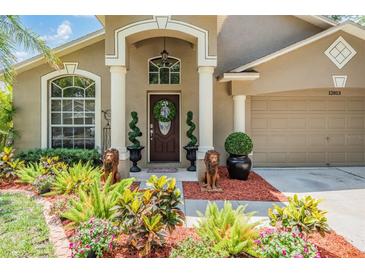 Charming front entrance with a well-manicured lawn, sculpted shrubbery, and a welcoming front door at 12813 Kings Lake Dr, Gibsonton, FL 33534