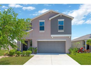 Charming two-story home with gray stucco, a well-maintained lawn, and a spacious two car garage at 10142 Golden Wonder Ln, Riverview, FL 33578