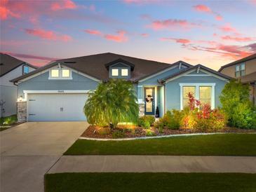 Charming single-story home featuring a manicured lawn and attached two-car garage, perfect for suburban living at 31643 Colada Drift Way, Wesley Chapel, FL 33545