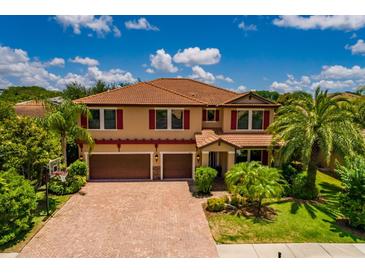 Beautiful two-story home boasting a brick driveway, tile roof, two-car garage, and mature palm trees at 4611 Grand Preserve Pl, Palm Harbor, FL 34684