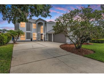 Stately two-story home with a three-car garage, lush landscaping, and an expansive driveway under a colorful sky at 4915 Augusta Ave, Oldsmar, FL 34677
