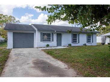 Charming single-story home with a well-maintained lawn and a gray-toned exterior, complemented by a gray garage door at 5341 Tangerine Dr, Zephyrhills, FL 33542