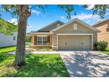 Charming single-story home with a well-maintained lawn, complemented by a two-car garage and inviting curb appeal at 7103 Bridgeview Dr, Wesley Chapel, FL 33545