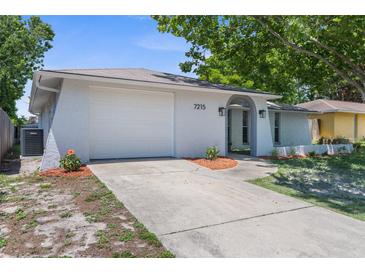Charming single-story home featuring an attached garage, arched entryway, and well-maintained landscaping at 7215 San Moritz Dr, Port Richey, FL 34668