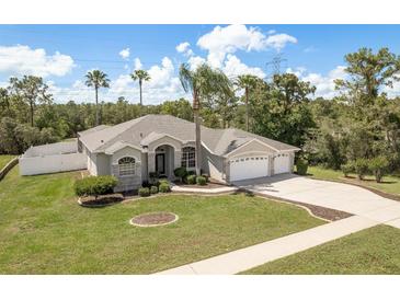 Attractive single-story home featuring a well-manicured lawn and a three car garage at 6129 Schalekamp Dr, Spring Hill, FL 34609