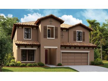 Charming two-story home featuring a tile roof, brown stucco, two-car garage, and manicured front lawn at 8510 Dove Bog Ter, Parrish, FL 34219