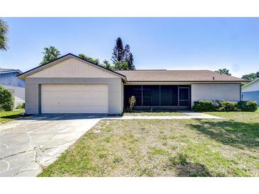 Charming single-story home featuring an attached garage, screened front porch and a well-maintained lawn at 12846 Tallowood Dr, Riverview, FL 33569