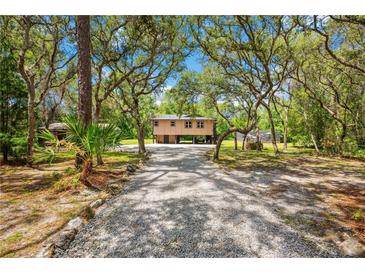Inviting elevated home with a gravel driveway, nestled among mature trees at 35031 Shale St, Webster, FL 33597