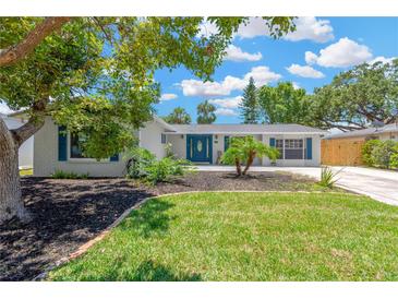 Charming single-story home with manicured front lawn, blue accents, and beautifully landscaped garden at 8314 Stillbrook Ave, Tampa, FL 33615