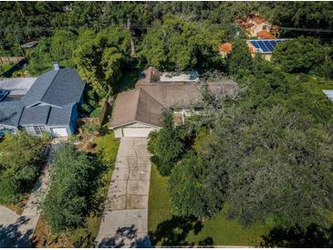 An aerial view of a single Gathering home surrounded by lush greenery and a long driveway at 209 S Greenfield Ave, Temple Terrace, FL 33617