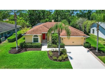 Charming single-story home with lush landscaping, red door and well-maintained lawn at 2498 Saddlewood Ln, Palm Harbor, FL 34685
