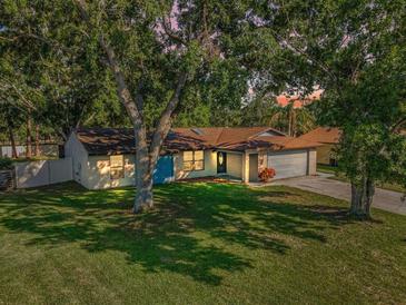 Charming single-story home with a well-manicured lawn and mature trees casting dappled shadows at 455 Cypress Lake Ct, Oldsmar, FL 34677