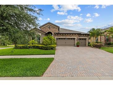 Beautiful single-story home with manicured lawn, brick paved driveway, and a three-car garage at 1002 Cavour Ct, Brandon, FL 33511