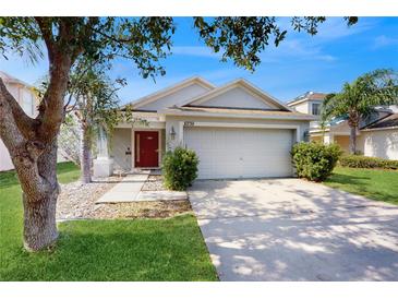 Charming single-story home with lush landscaping and a welcoming red front door at 10739 Shady Preserve Dr, Riverview, FL 33579