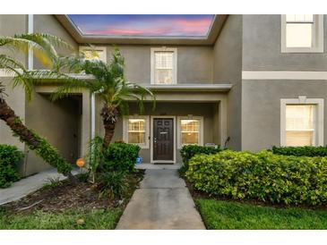 Charming two-story condo featuring lush landscaping, including palm trees, and a covered front porch at 2347 Willimette Dr, Wesley Chapel, FL 33543