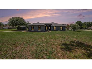 Charming single-story home with a well-maintained lawn and an attractive facade at dusk at 31645 Bugle Ln, Wesley Chapel, FL 33543