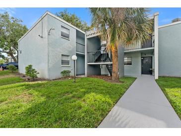 Two-story condo building with lush green lawn and mature palm tree on a sunny day at 2840 Somerset Park Dr # 203, Tampa, FL 33613