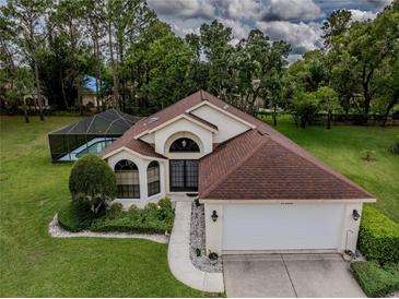 Beautiful home with a well-manicured lawn and a screened-in pool area in the backyard at 11368 Copley Ct, Spring Hill, FL 34609
