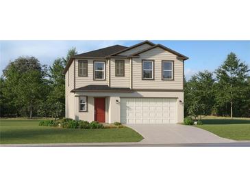 Charming two-story home with neutral siding, brown accents, a red front door, and an attached two-car garage at 5627 Red Kite Dr, Wimauma, FL 33598