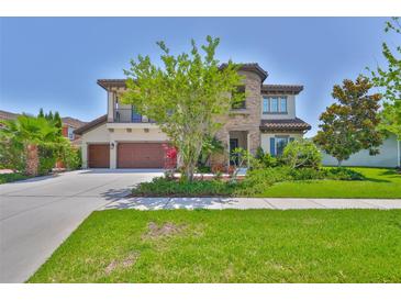 Stunning two-story home featuring a lush lawn, mature tree, and an attached two-car garage at 6913 Park Strand Dr, Apollo Beach, FL 33572