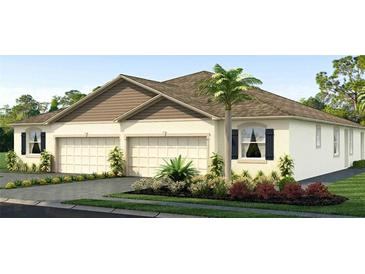 Beautiful single-story home with a three-car garage, neutral colors, lush landscaping, and a palm tree at 31458 Paper Birch St, Wesley Chapel, FL 33545