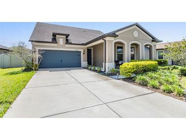 Charming single-story home featuring a well-manicured lawn and a two-car garage, creating a welcoming curb appeal at 8296 Olive Brook Dr, Wesley Chapel, FL 33545