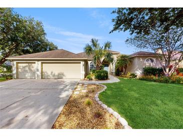 Charming single-story home with a lush lawn, palm trees and a three-car garage at 9408 Sayre St, Riverview, FL 33569