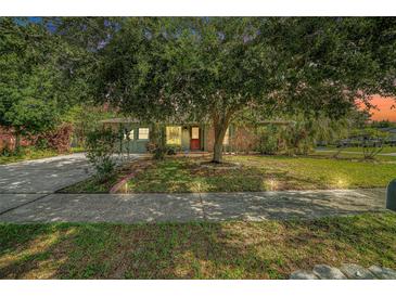 Charming single-story home with mature trees and a well-maintained lawn, front entry and long driveway at 1813 Nova Dr, Valrico, FL 33596