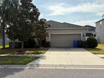 Charming single-story home featuring a two-car garage and well-maintained landscaping at 10766 Standing Stone Dr, Wimauma, FL 33598