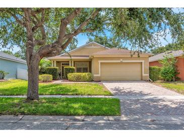 Charming single-story home with a well-manicured lawn, brick driveway, and mature shade tree at 11808 Holly Crest Ln, Riverview, FL 33569