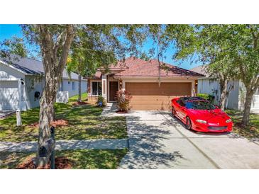 Charming single-story home with a well-manicured lawn, two-car garage and a red sports car parked in the driveway at 18107 Canal Pointe St, Tampa, FL 33647