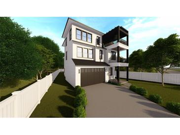 Modern three-story home with a black pergola, a two-car garage, white fencing, and a gray driveway at 2301 N Ridgewood Ave, Tampa, FL 33602