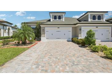 Home with a brick driveway and a two-car garage with a palm tree in the yard at 4325 Barletta Ct, Wesley Chapel, FL 33543