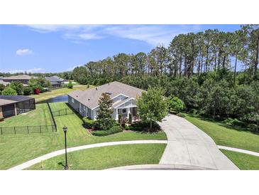 Inviting single-story home features a well-manicured lawn, mature landscaping, and a long driveway leading to a two-car garage at 8016 Rock Spring Ct, Land O Lakes, FL 34638
