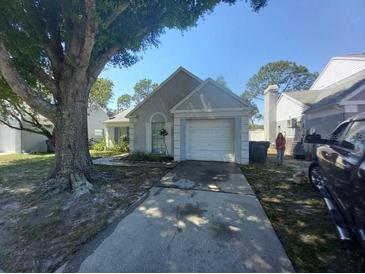 Charming single Gathering home features an attached garage, gray exterior and mature landscaping at 10912 Brightside Dr, Tampa, FL 33624