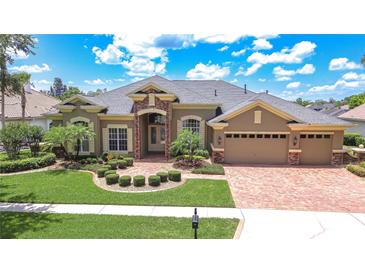 Charming home with manicured lawn, mature palms and brick paver driveway and entry in a gated community at 3123 Whitehead Ln, Land O Lakes, FL 34638