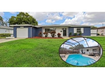 Charming single-story home features a covered pool area, a well-manicured lawn, and a one car garage at 6149 37Th N Ave, St Petersburg, FL 33710