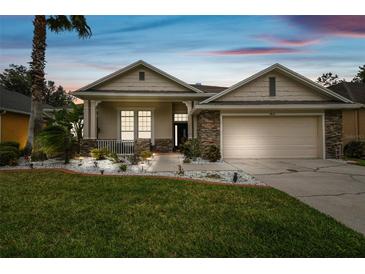 Charming single Gathering home with manicured lawn and stone accents, illuminated by landscape lighting at twilight at 7410 Ambleside Dr, Land O Lakes, FL 34637