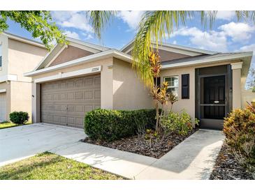 Charming single-story home with a well-manicured lawn, two car garage and inviting entrance at 17334 White Mangrove Dr, Wimauma, FL 33598