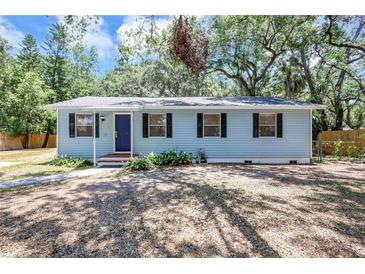 Charming single-story home with light blue siding and black shutters surrounded by mature trees at 706 S 56Th St, Tampa, FL 33619
