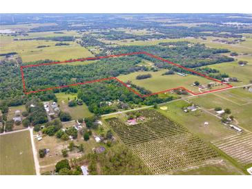 Expansive aerial view highlighting the property's boundaries, showcasing a mix of lush woodland and open pastures at 14409 Curley Rd, Dade City, FL 33525