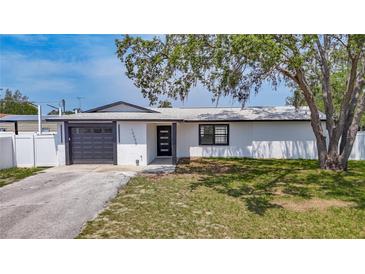 Charming single-story home featuring a well-manicured lawn, a modern garage door, and a freshly painted exterior at 10006 N Connechusett Rd, Tampa, FL 33617