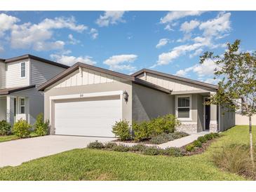 Charming single-Gathering home featuring a two-car garage, lush landscaping, and a well-manicured lawn at 7119 Amelia River Dr, Parrish, FL 34219