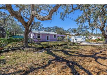 Charming, light purple single-story home with mature tree and black chain link fence at 5010 109Th N Way, St Petersburg, FL 33708