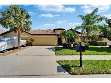 Charming one-story home featuring a well-manicured lawn, palm trees, and a driveway leading to a two-car garage at 5646 Sunset Falls Dr, Apollo Beach, FL 33572